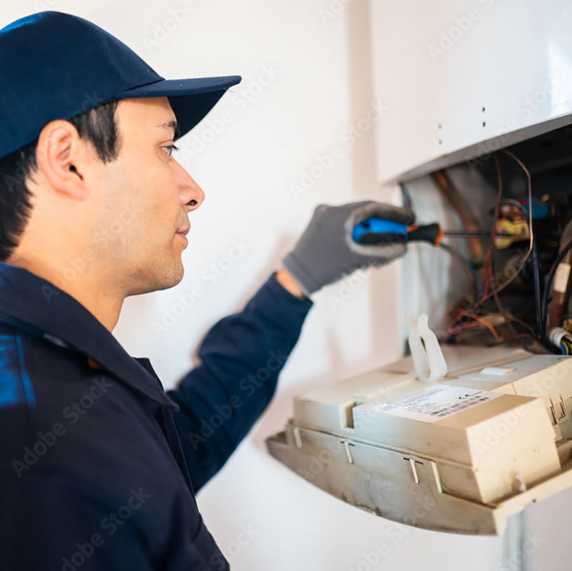 Image of an employee repairing a boiler